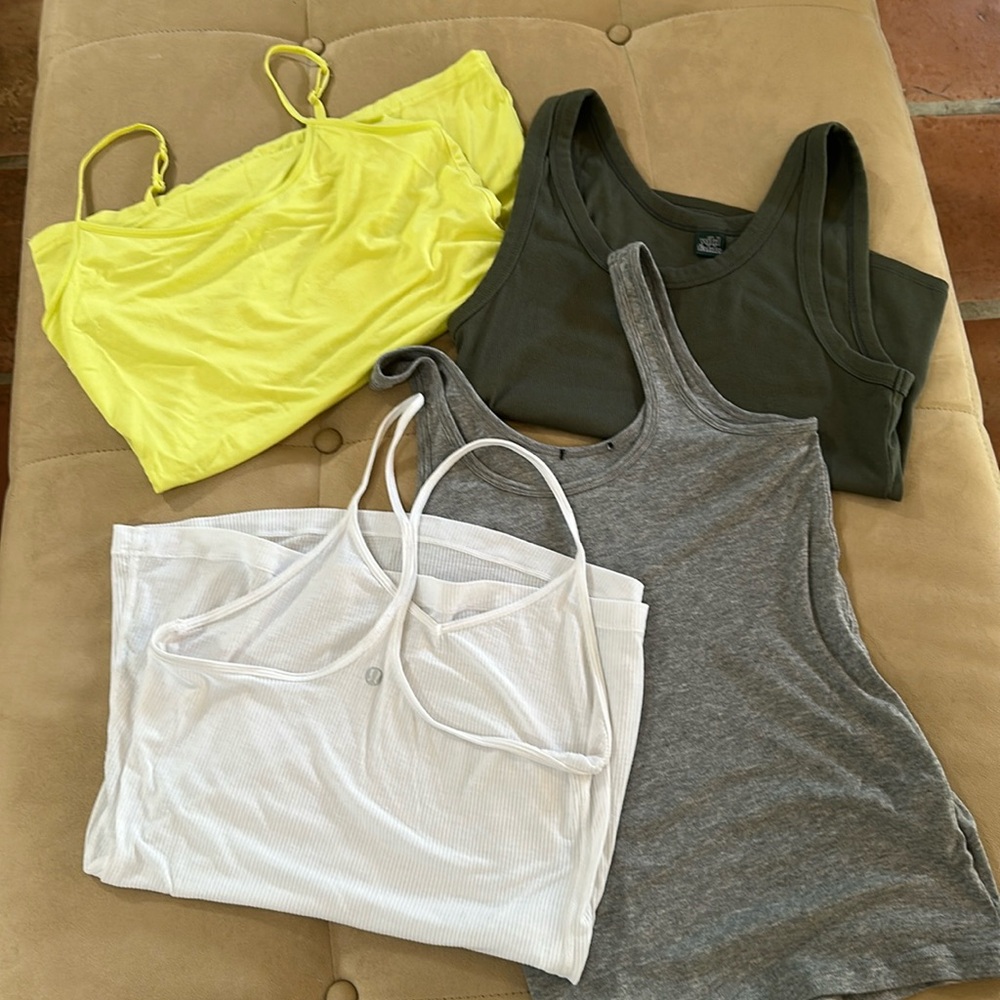 4 tank tops - white, neon yellow, gray, dark green